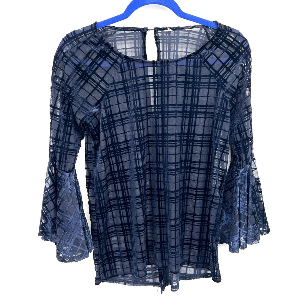 Sheer windowpane bell sleeve blouse open back navy blue boho velvet fairycore M